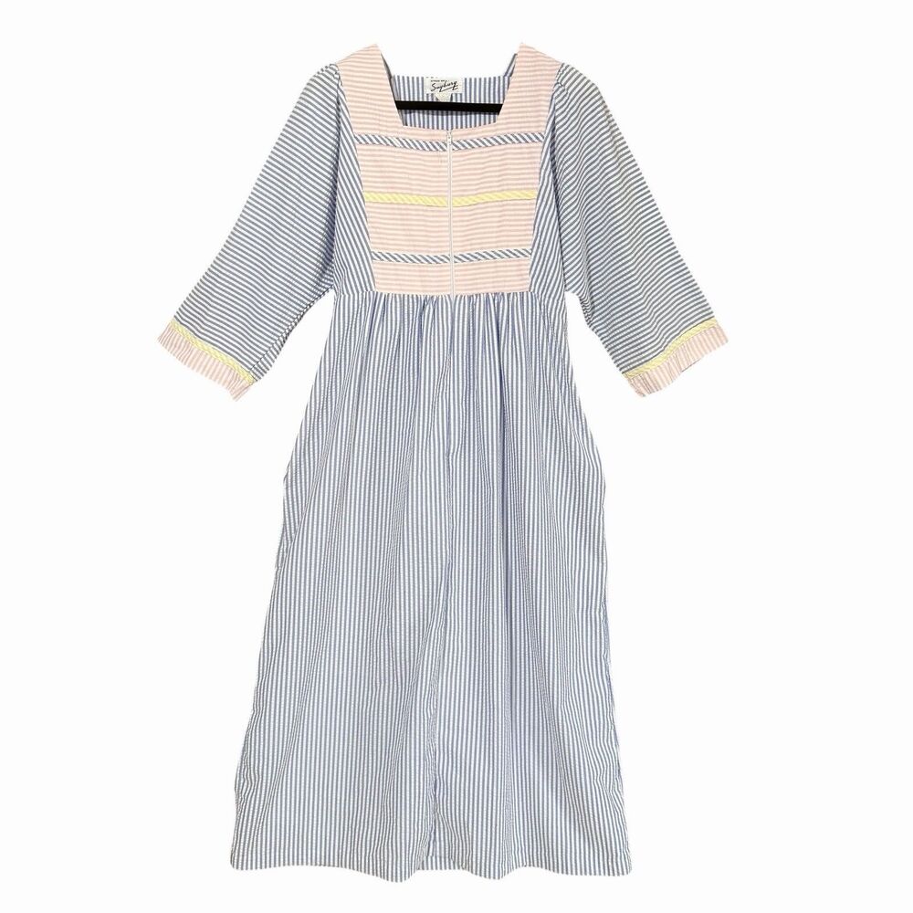 SAYBURY Seersucker House Dress Robe Size M Half-Zip Blue/Pink Stripe Vintage 70s